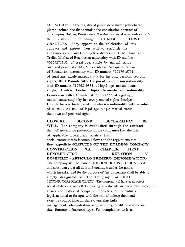 Constitution Contract of Holding Konstruzione, S.A. | PDF | Presidents ...