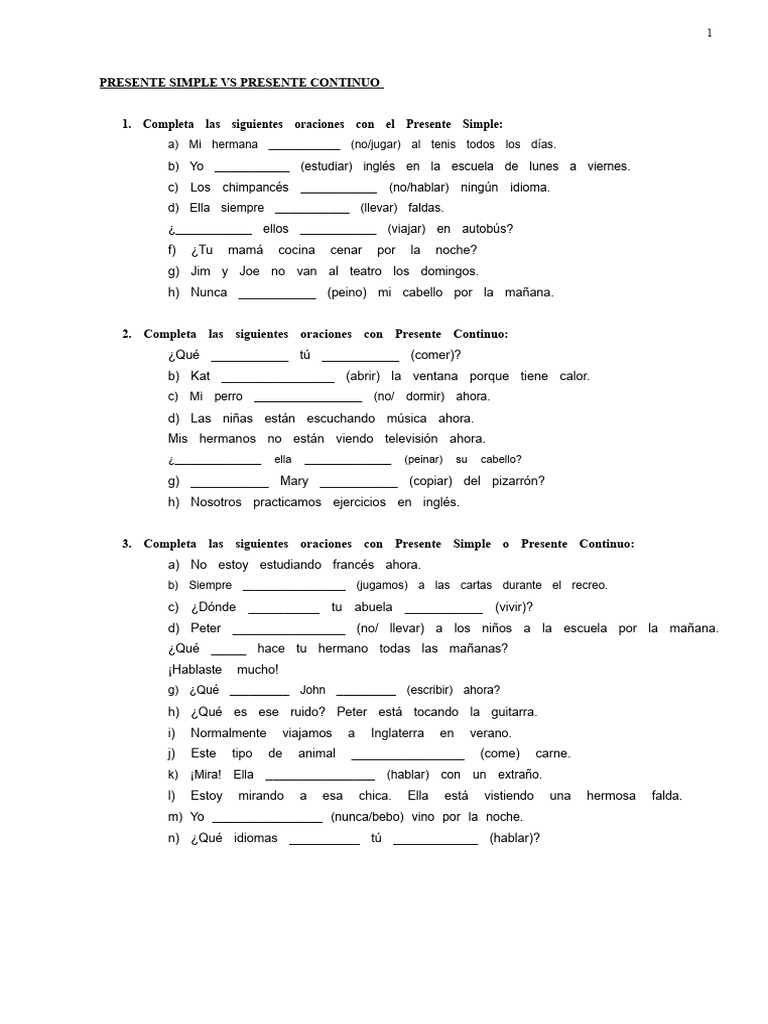 Presente Simple y Continuo: Ejercicios | PDF