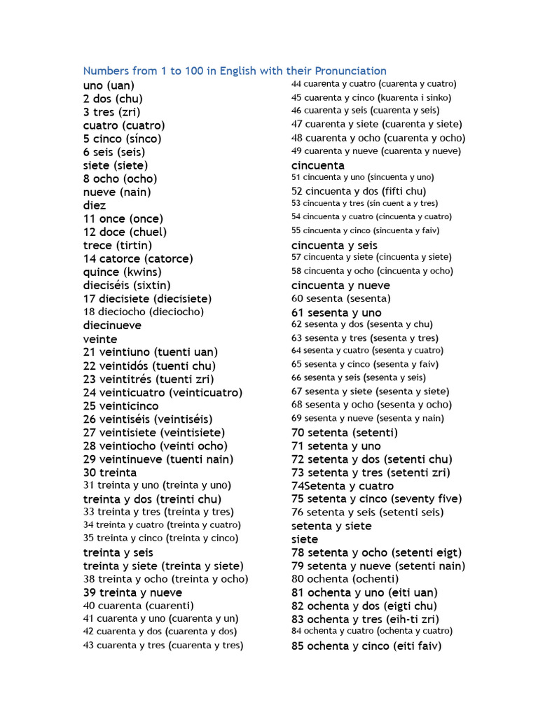 Números del 1 al 100 en inglés | PDF