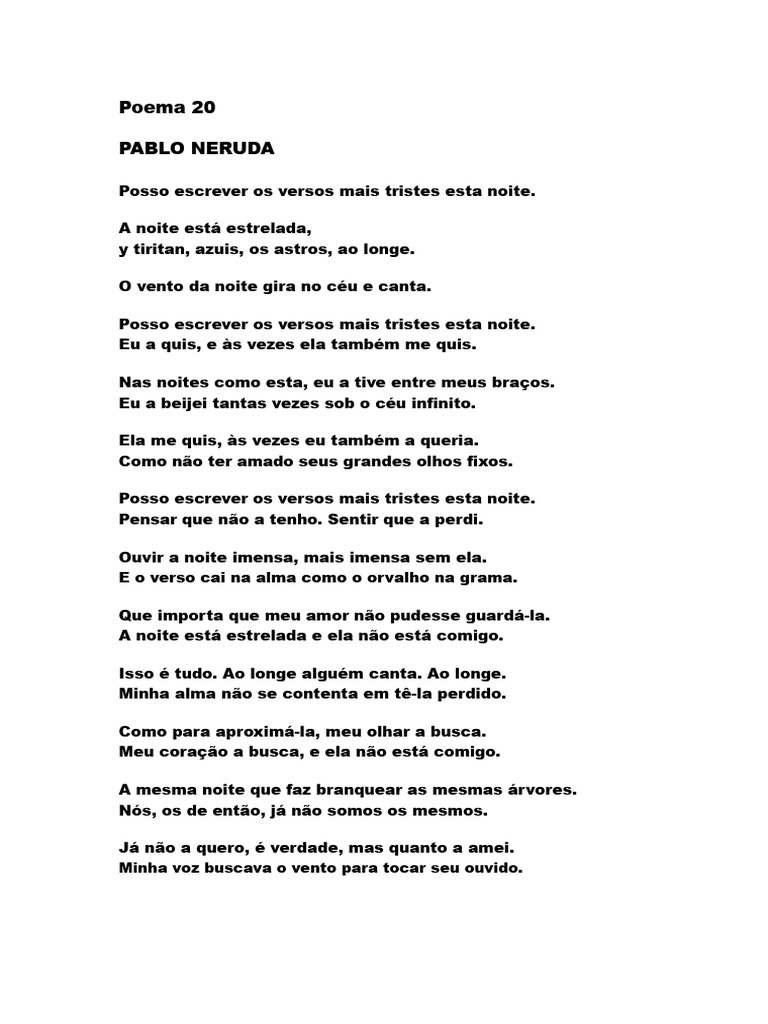 Poema 20 de Pablo Neruda: Amor e Perda | PDF