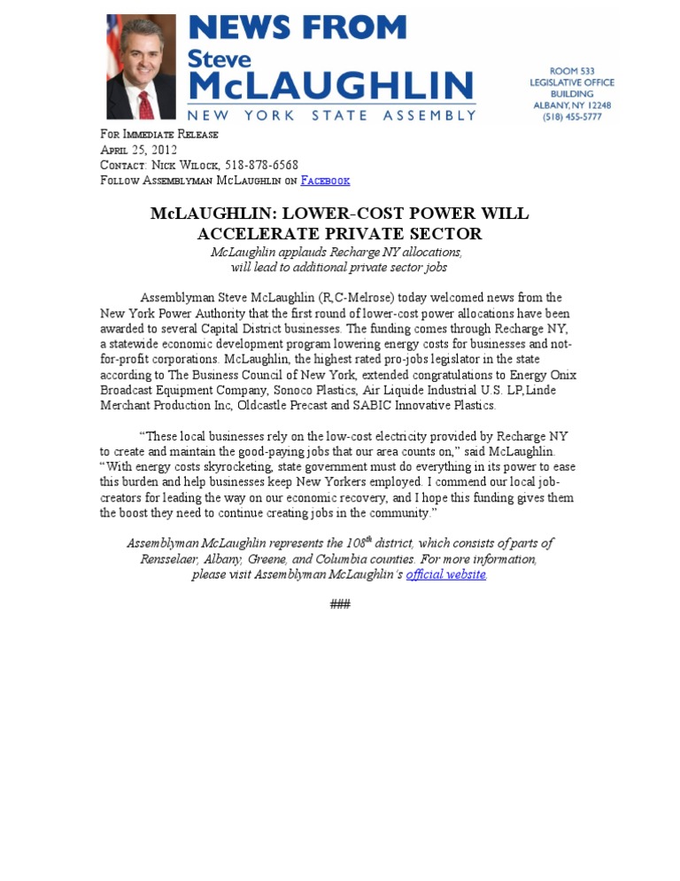 McLaughlin Applauds Recharge NY Power Allocations | PDF | Business ...