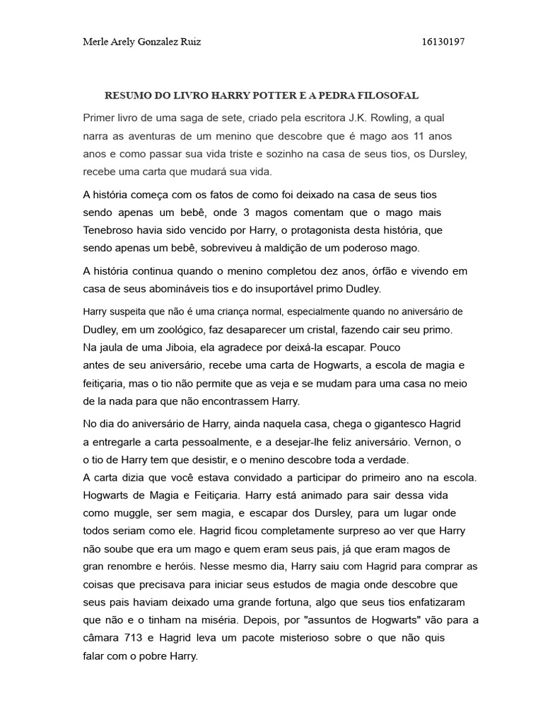 Resumo de Harry Potter e a Pedra Filosofal | PDF | Harry Potter