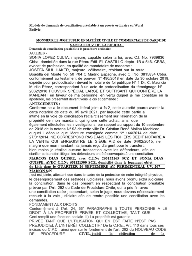 Modèle de Demande de Conciliation Préalable À La Procédure Ordinaire en ...
