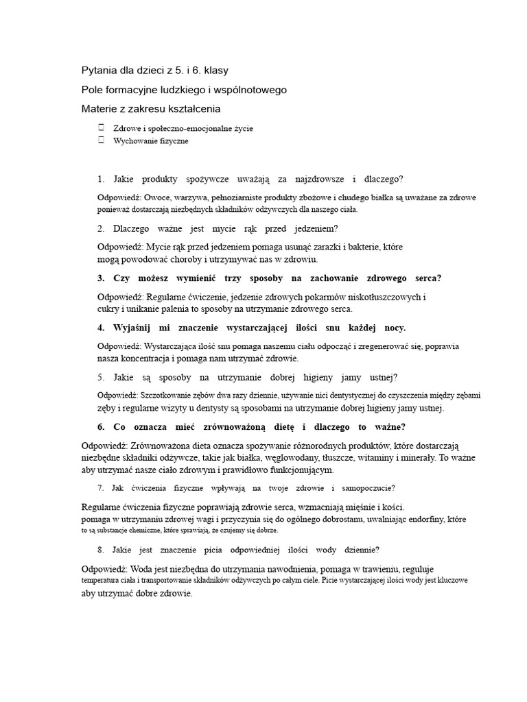 Pytania Dla Dzieci Z 5. I 6. Klasy | PDF