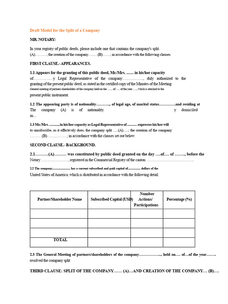 Company Split and Formation Model | PDF | Quorum | Private Law