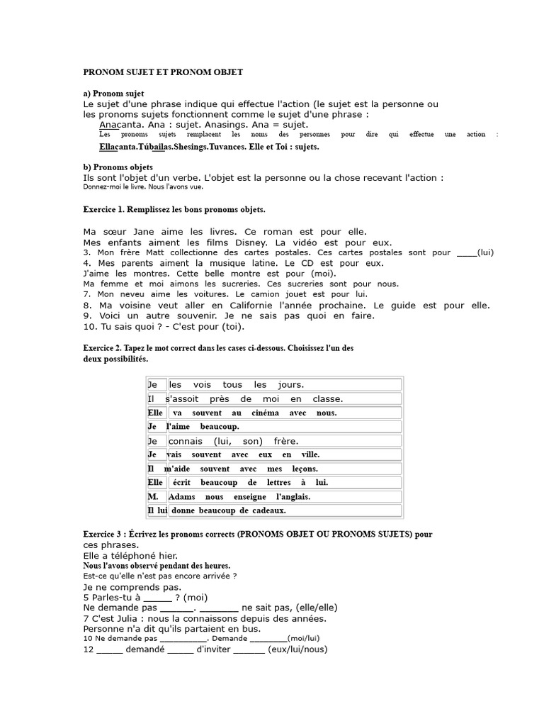 Pronoms sujets et objets en français | PDF | Sujet (Grammaire) | Phrase