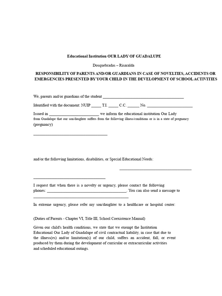 Parent Responsibility Acknowledgment Form | PDF | Health Care