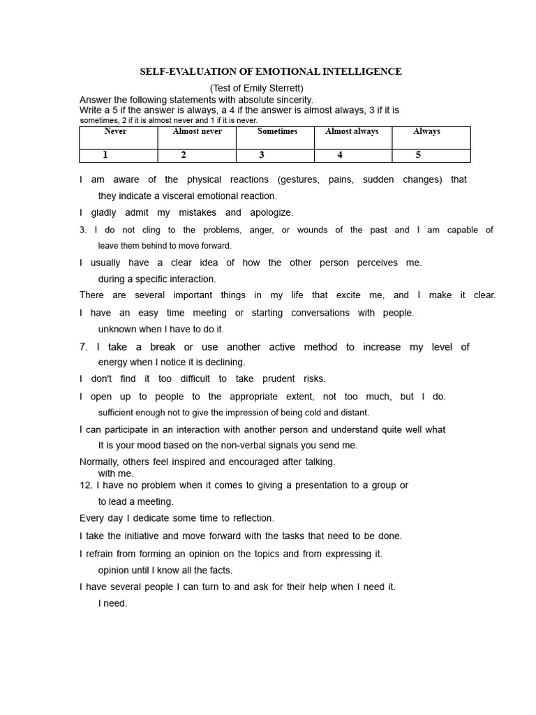 Emotional Intelligence Self-Evaluation Test | PDF | Mental Health ...