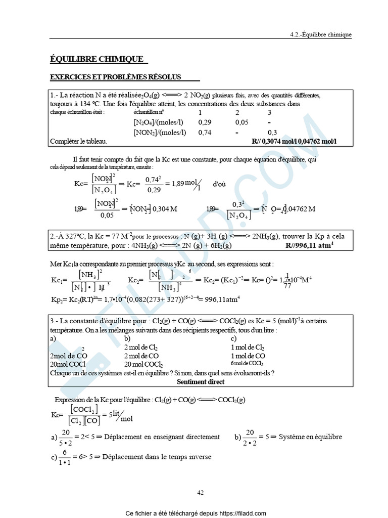 Exercices sur l'équilibre chimique | PDF | Équilibre chimique | Chimie