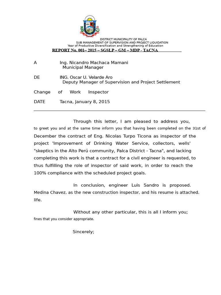 Report No. 001 Change of Site Inspector | PDF