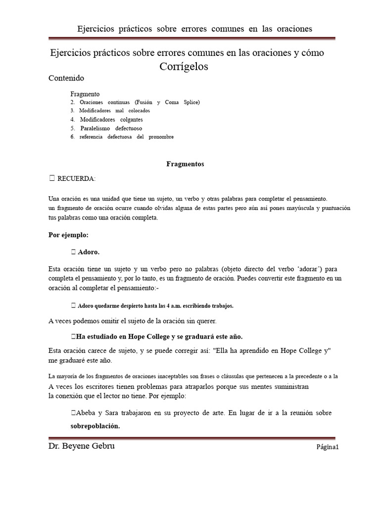 Ejercicios de corrección de oraciones | PDF | Pronombre | Oración ...