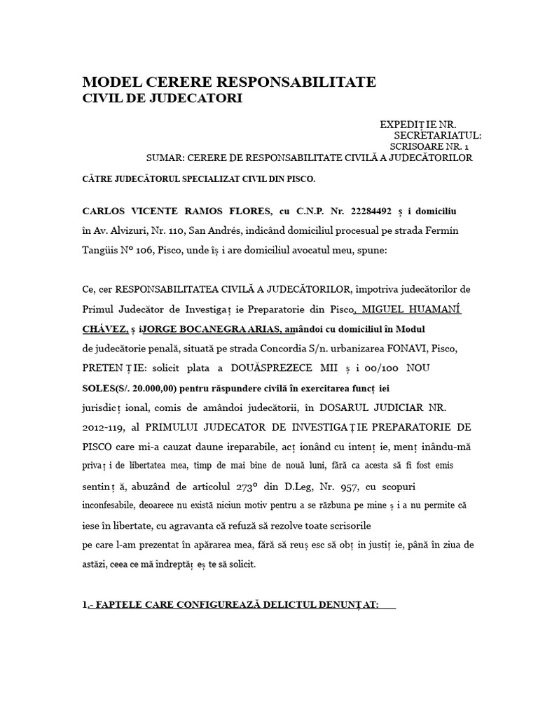 Model de Cerere Pentru Responsabilitatea Civilă A Judecătorilor | PDF