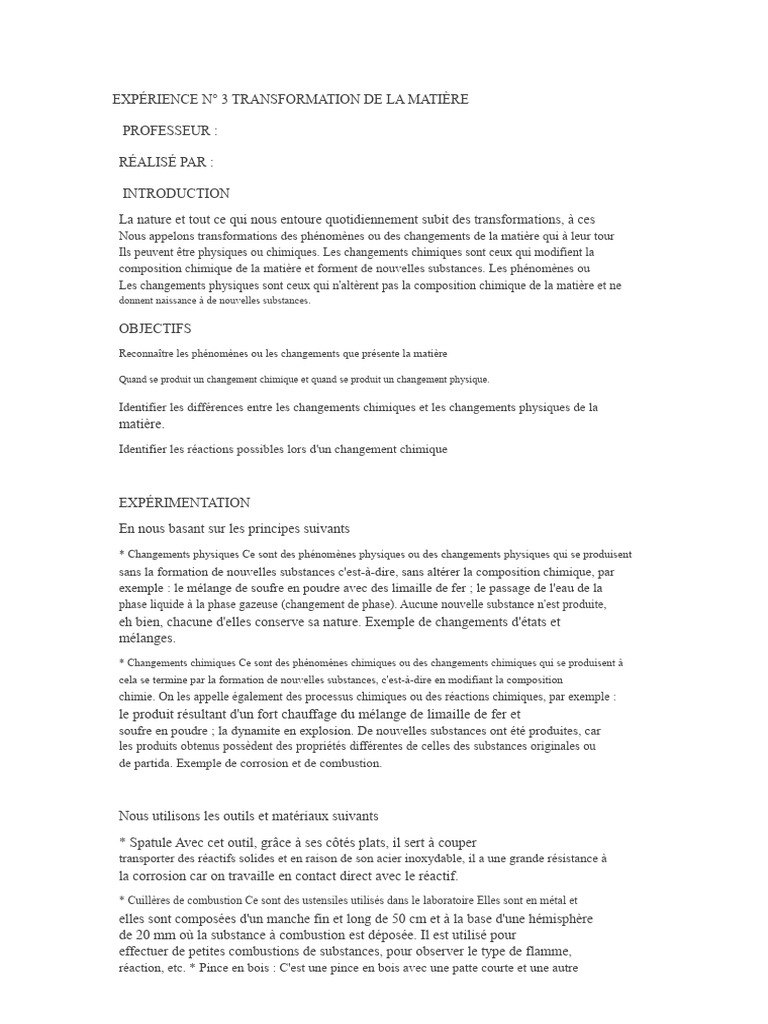 Changements Physiques et Chimiques de la Matière | PDF | Chimie ...