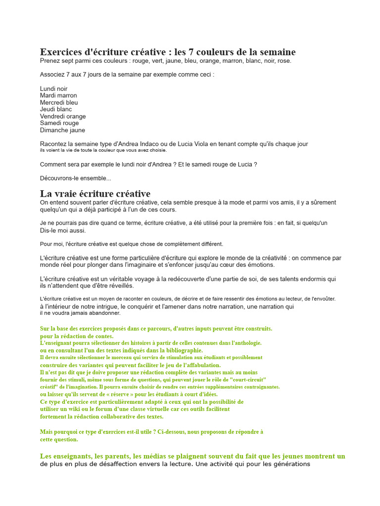 Écriture créative : 7 couleurs de la semaine | PDF | Récit