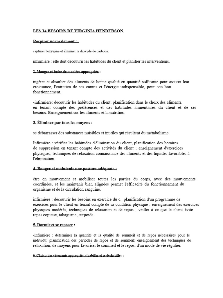 Les 14 besoins de Virginia Henderson | PDF | Apprentissage | Sommeil