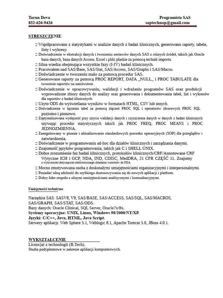CV Programisty SAS | PDF