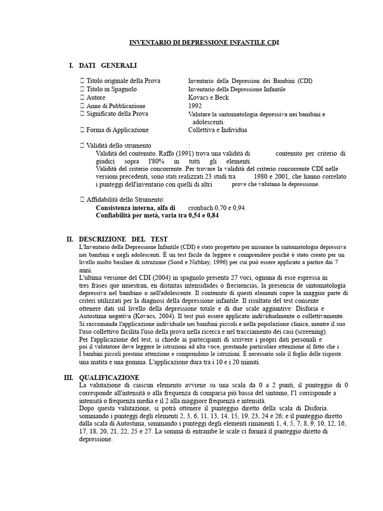 Questionario Sulla Depressione Infantile (CDI) | PDF