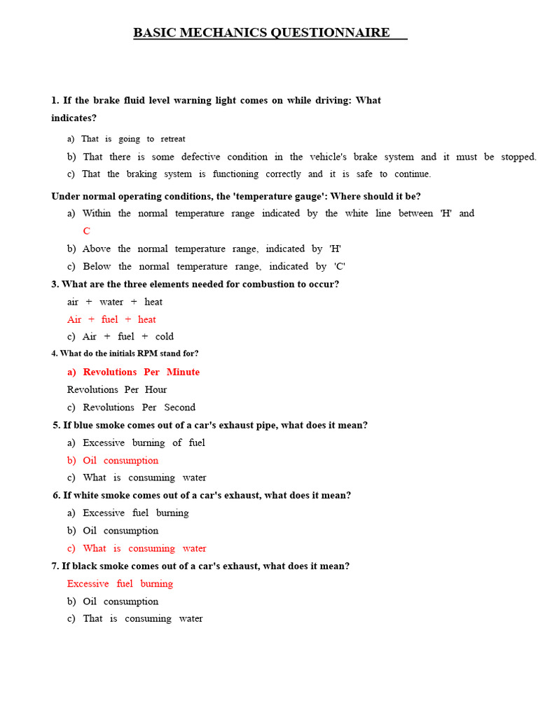 Basic Mechanics Questionnaire Guide | PDF | Internal Combustion Engine ...