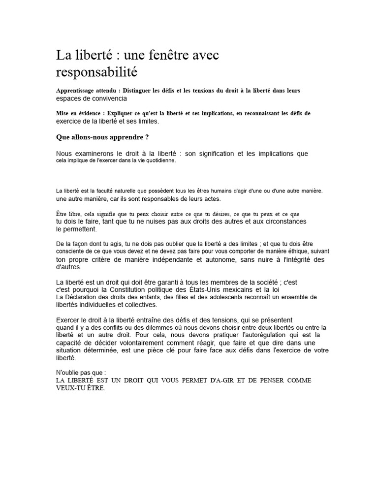 Liberté et responsabilité : enjeux clés | PDF | Liberté