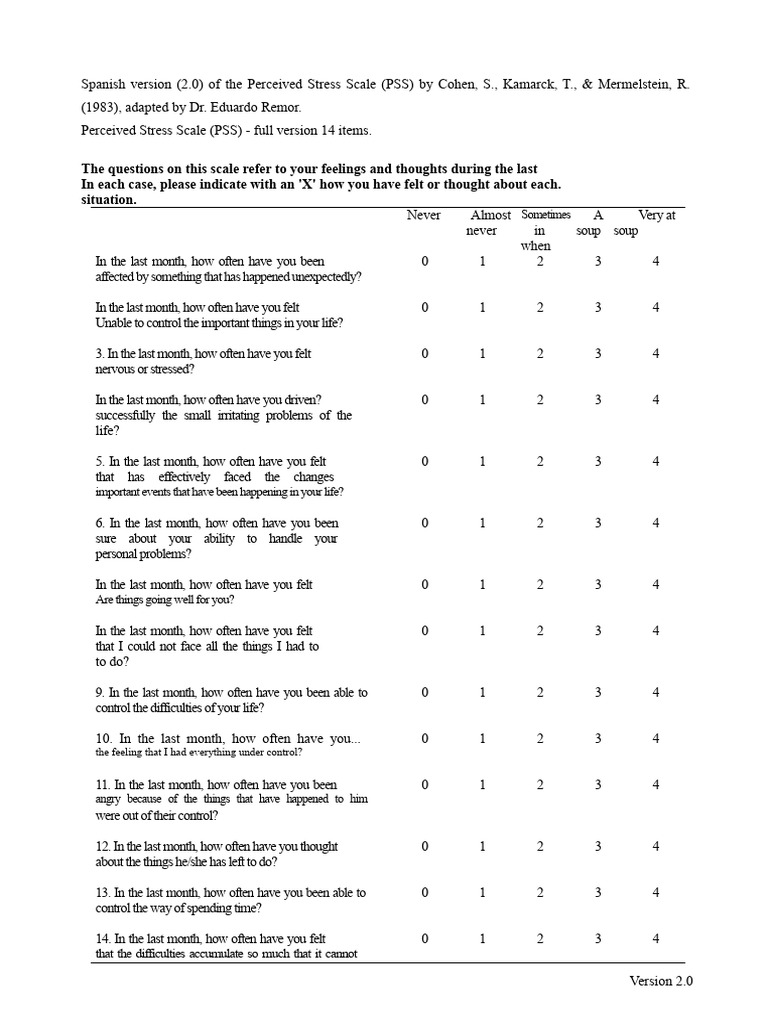 Spanish Perceived Stress Scale 2.0 | PDF | Psychology | Behavioural ...