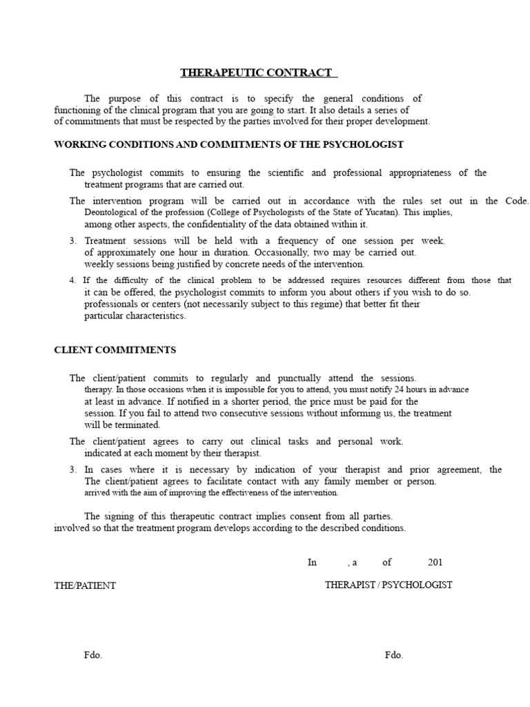 Therapeutic Contract Overview | PDF | Psychotherapy | Therapy