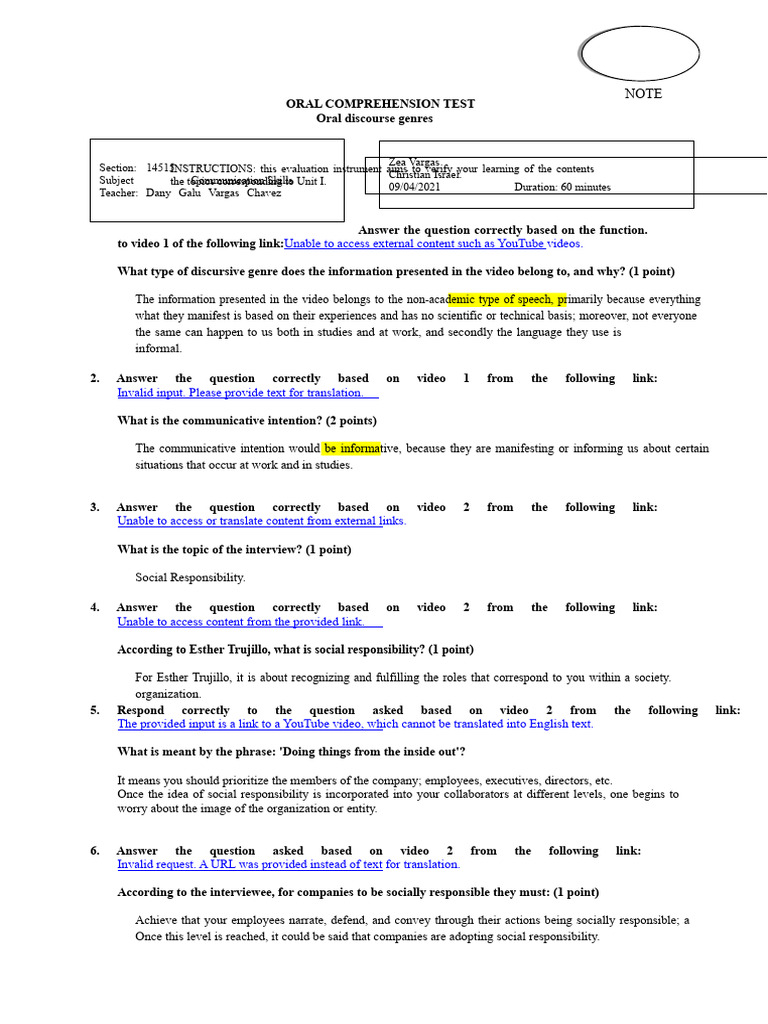 Oral Comprehension Test Guide | PDF | Question | Psychological Concepts
