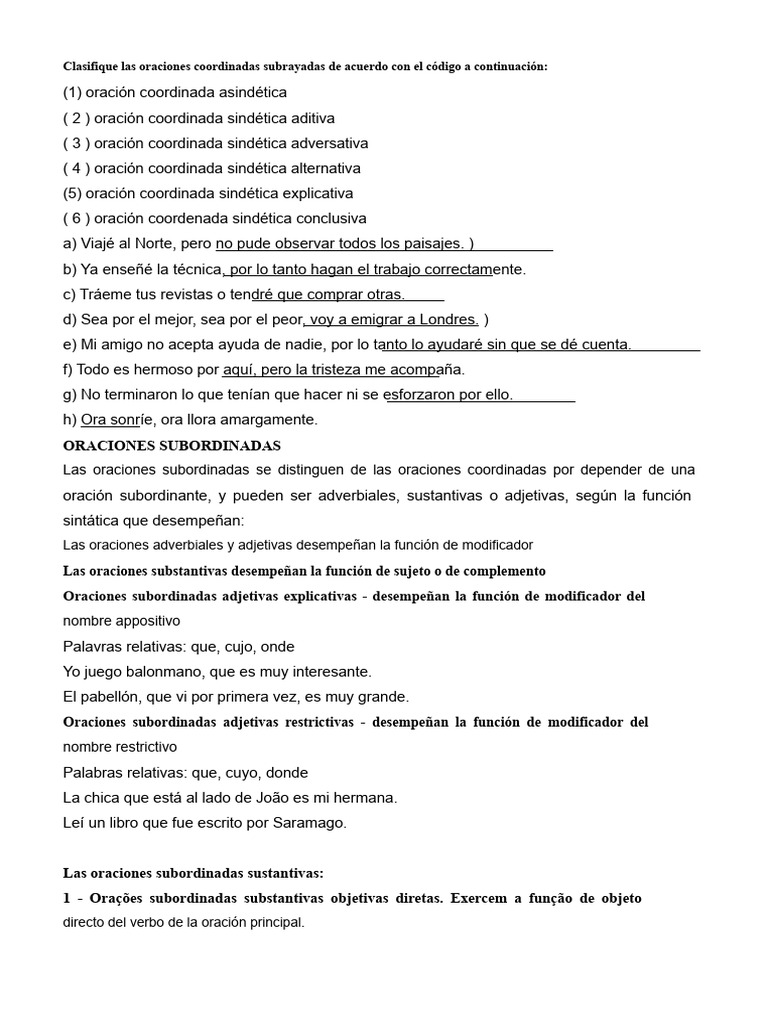 Clasificación de Oraciones Coordinadas y Subordinadas | PDF | Oración ...