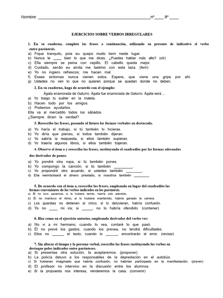 Ejercicios de Verbos Irregulares en Español | PDF | Verbo | Unidades ...