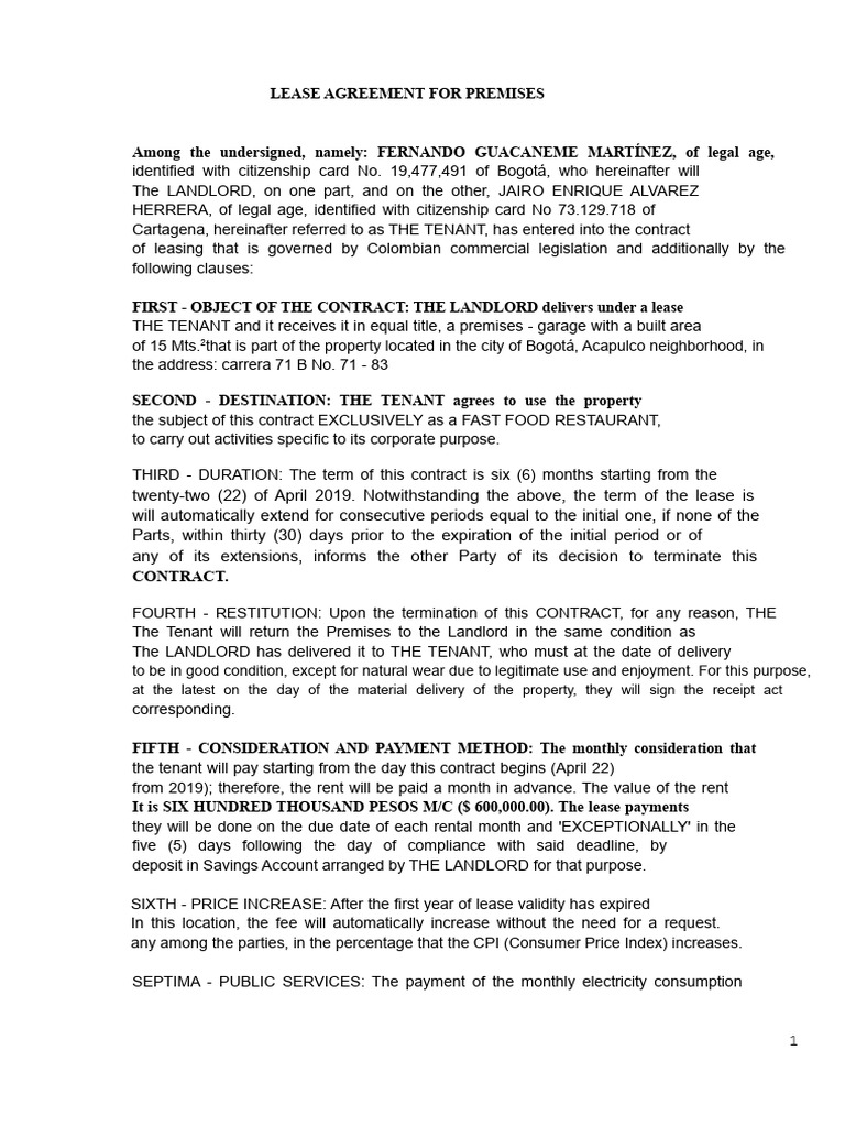 Bogotá Fast Food Restaurant Lease Agreement | PDF | Lease | Leasehold ...