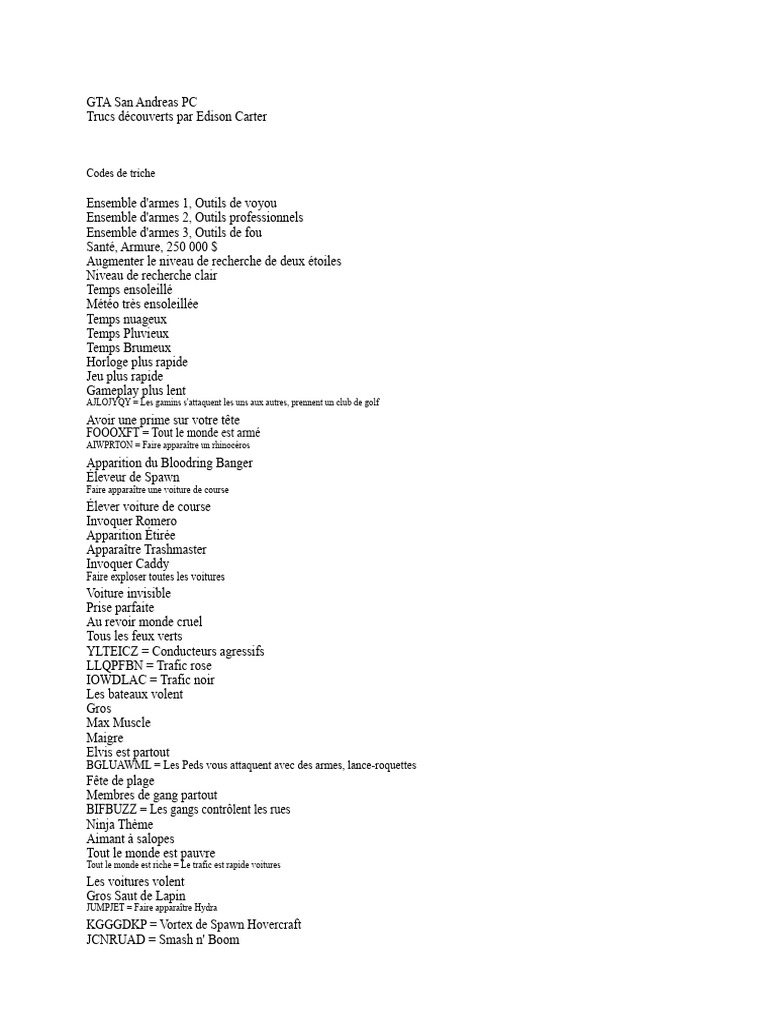 Codes de triche pour GTA San Andreas PC | PDF