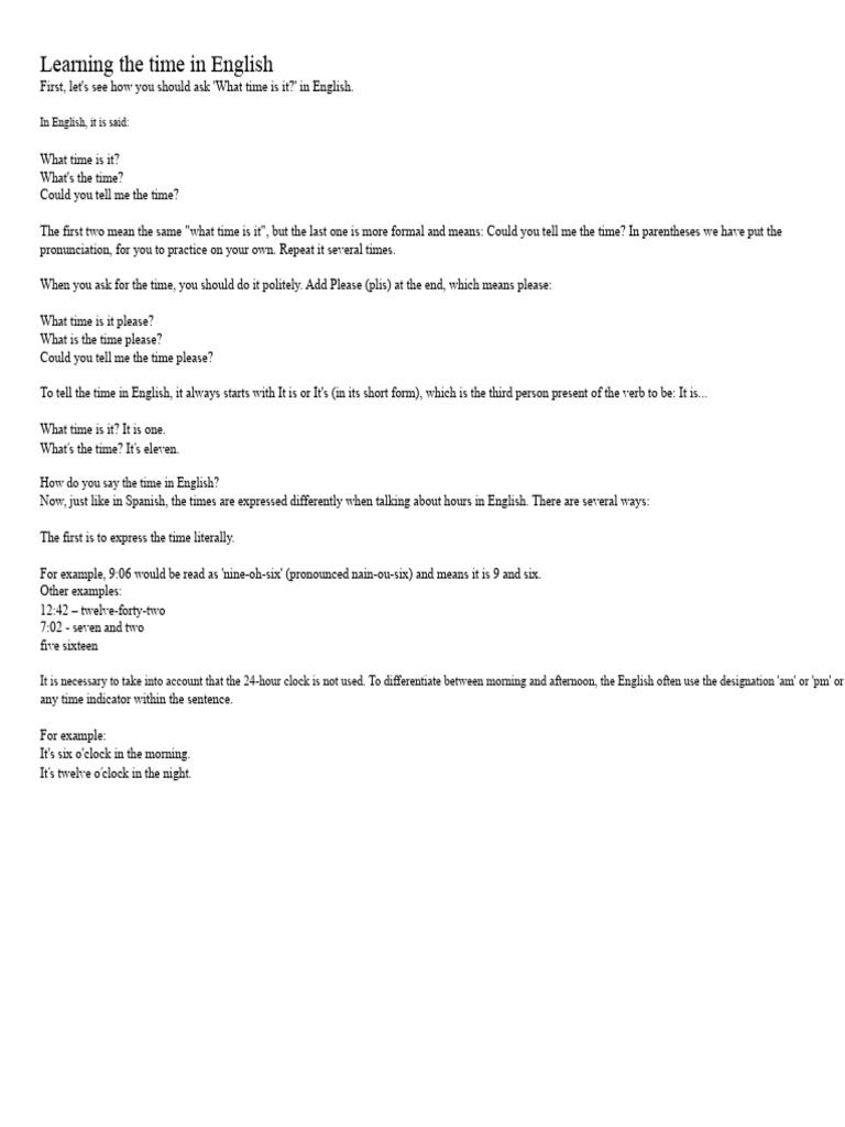 Time in English | PDF | Hour | English Language