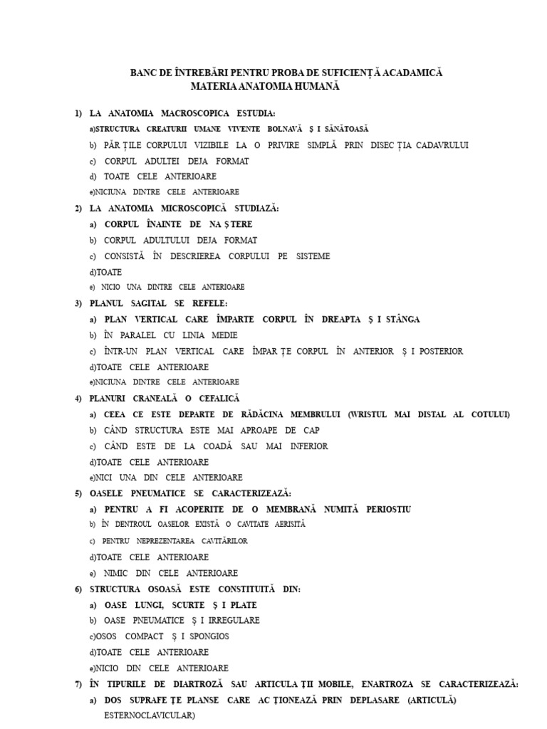 Banca de Întrebare Anatomie Humană | PDF