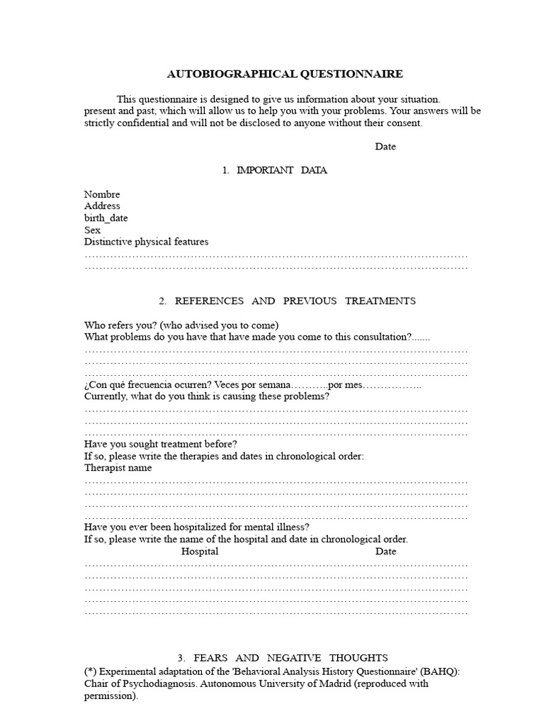 Autobiographical Questionnaire for Therapy | PDF | Psychological ...