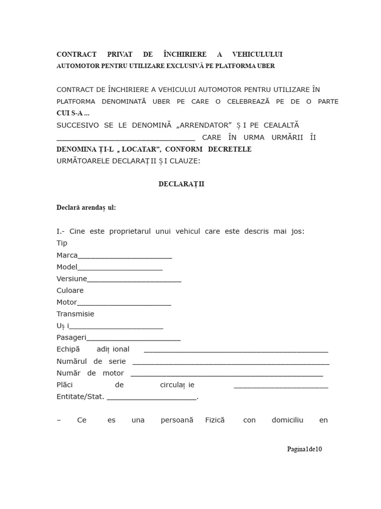 Contract Privat de Închiriere A Vehiculului Auto Pentru Utilizare ...