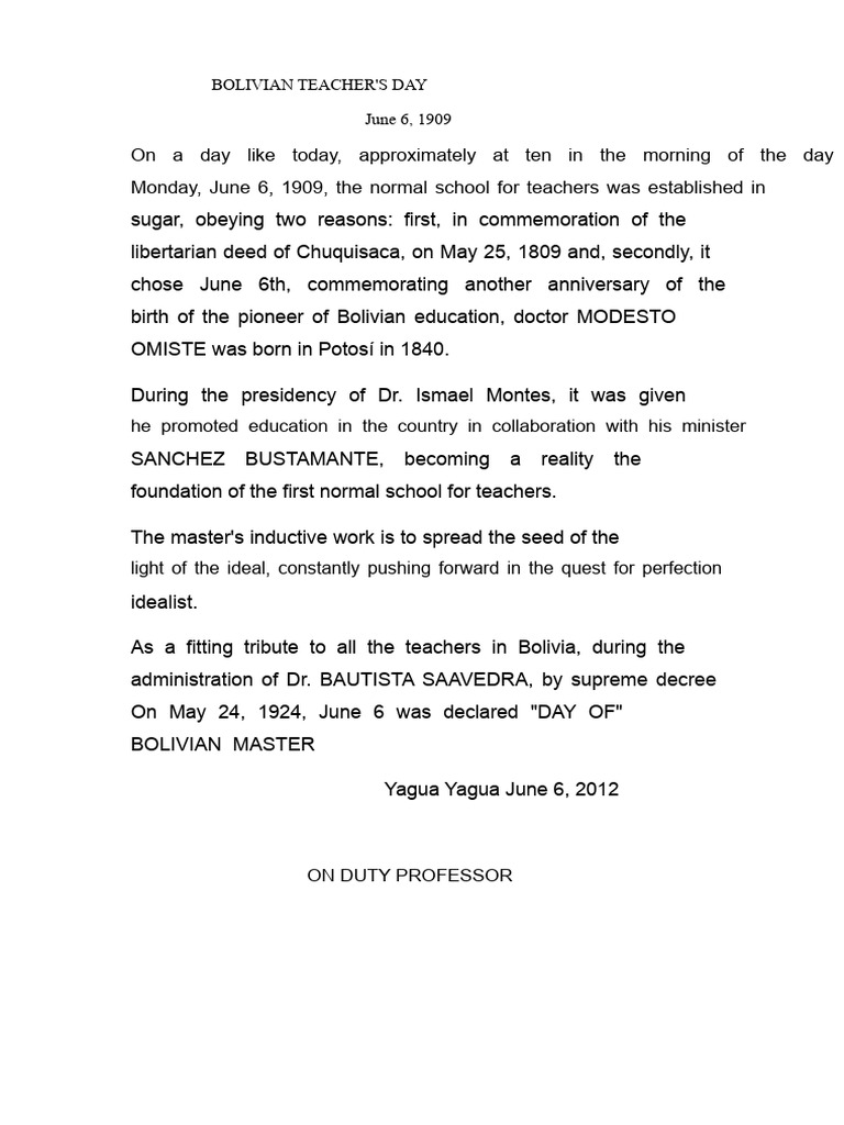 History of Bolivian Teacher's Day | PDF