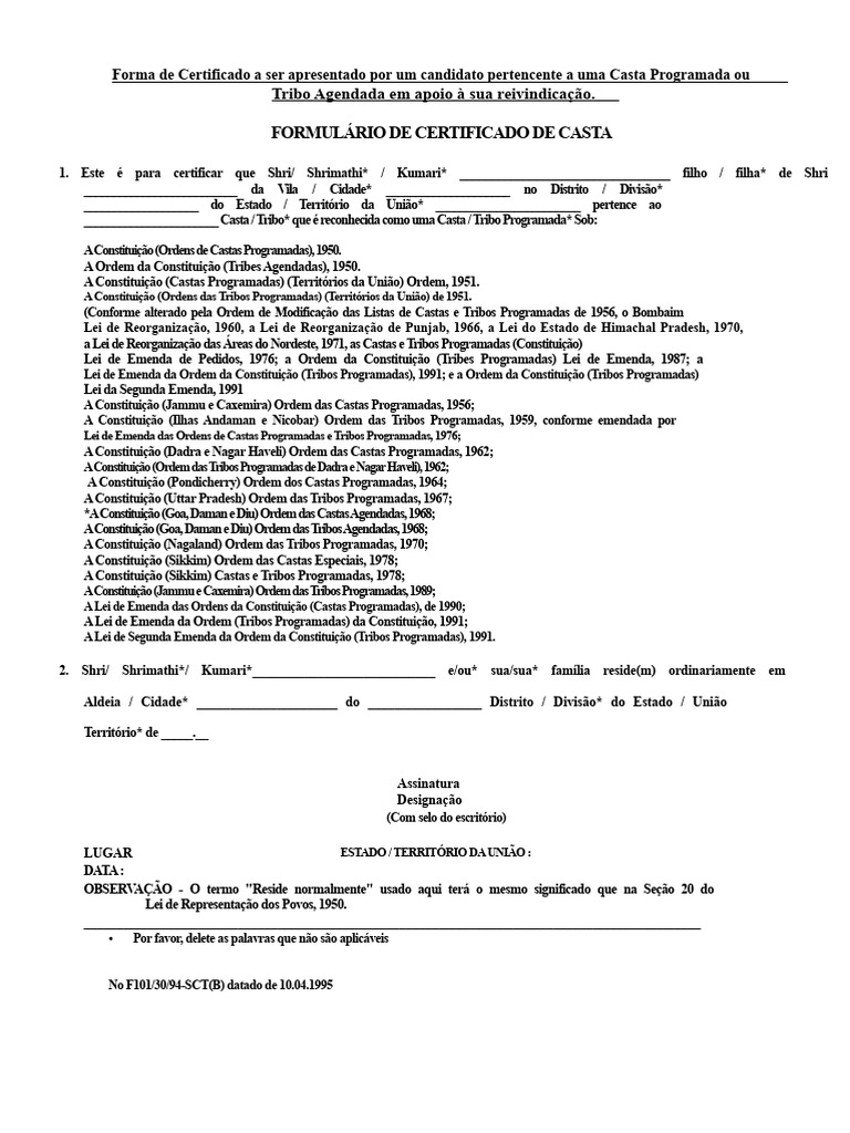 Certificado de Casta SC ST | PDF | Emenda Constitucional | Governo