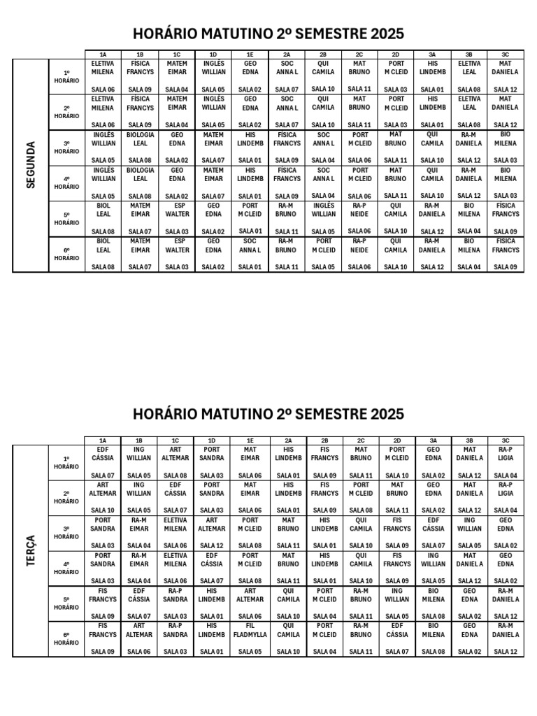 Horário Matutino 2º Semestre 2025 | PDF