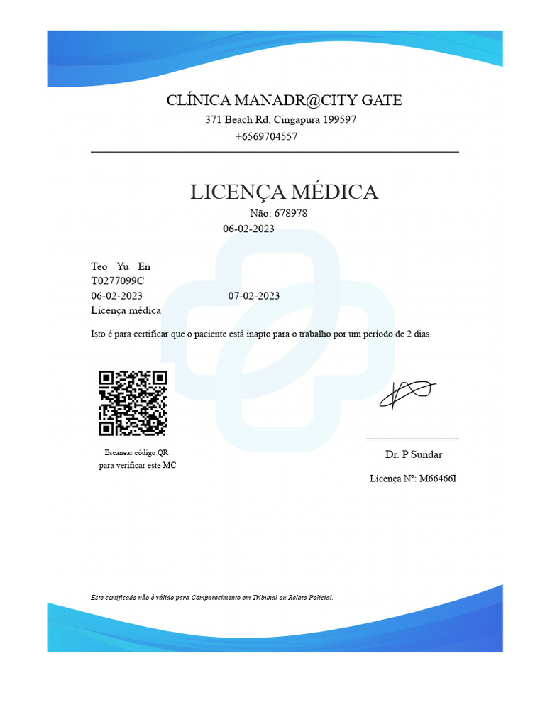 Licença Médica - Clínica Manadr@City Gate | PDF