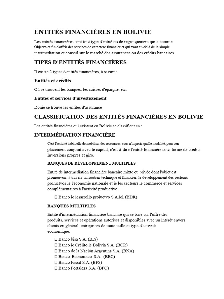 Entités financières en Bolivie : types et classifications | PDF ...