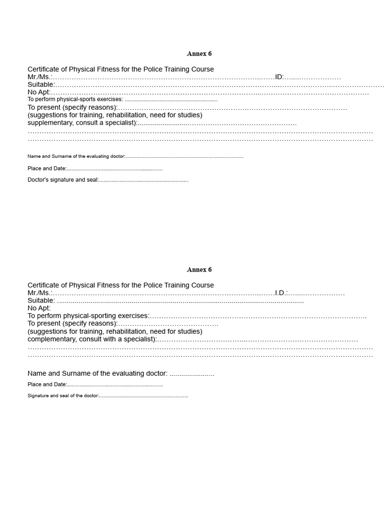 Police Training Course Fitness Certificate | PDF