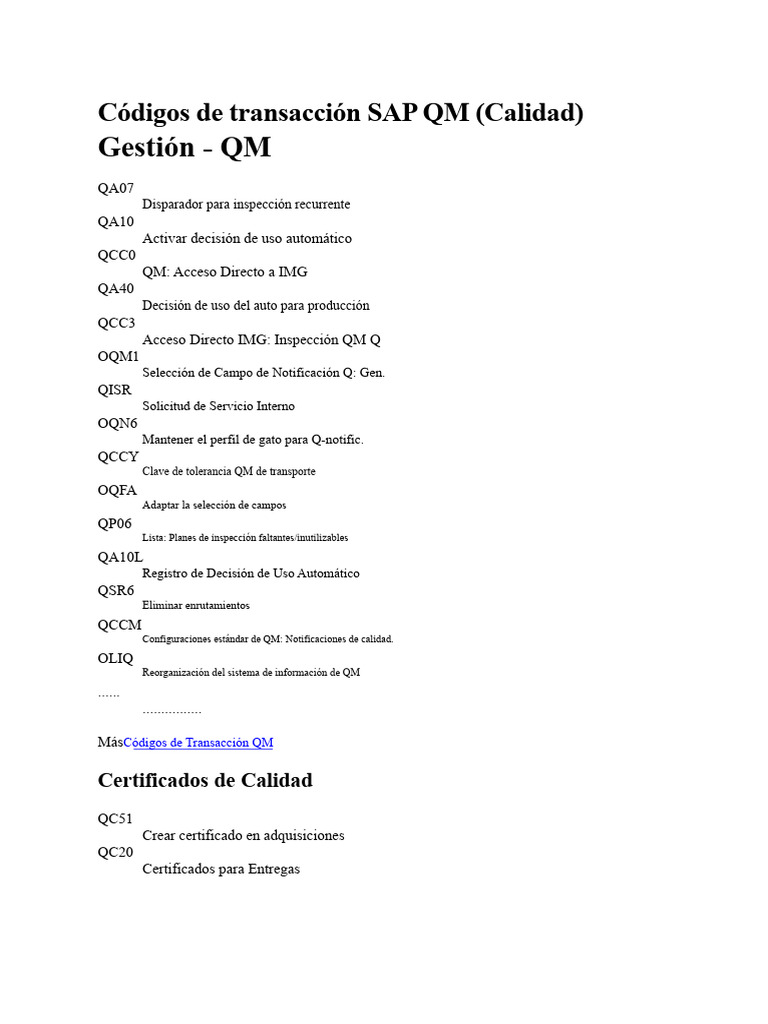 Códigos de Transacción SAP QM | PDF | Sistema de manejo de calidad ...