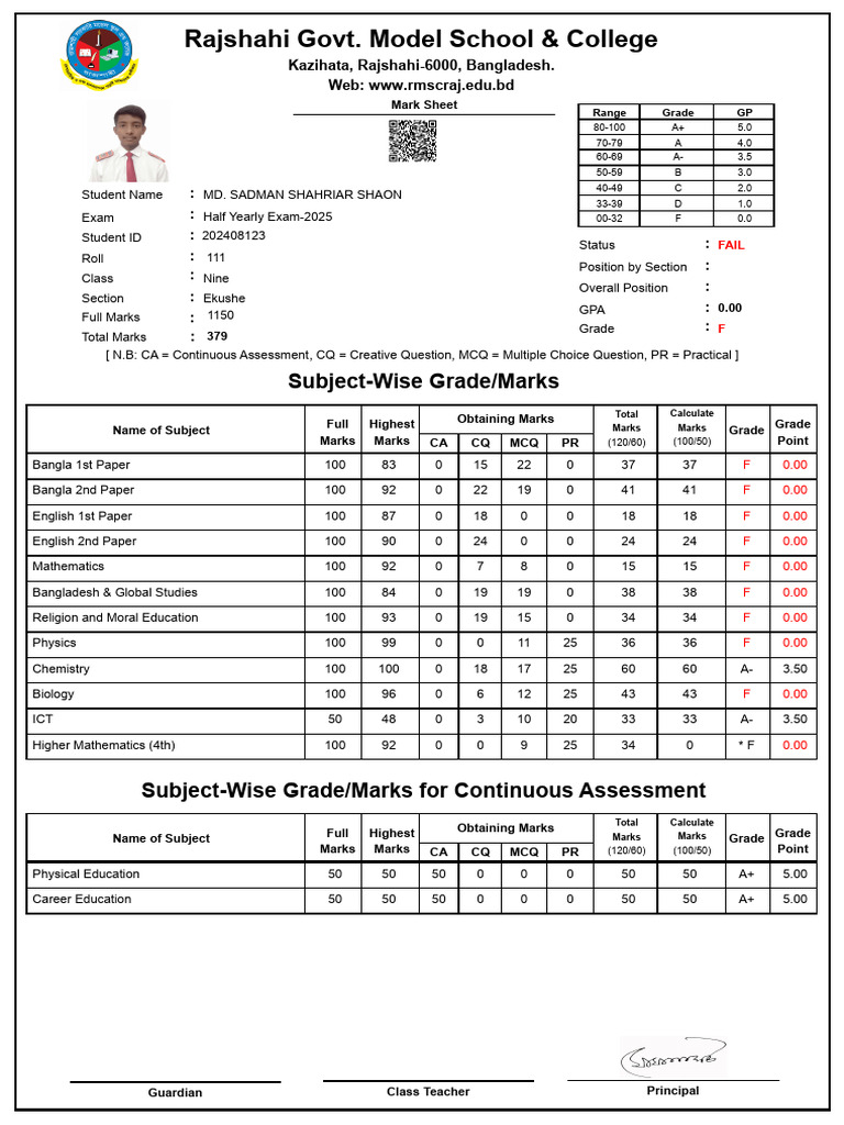 Half Yearly Exam 2025 Mark Sheet | PDF | Multiple Choice | Educational ...
