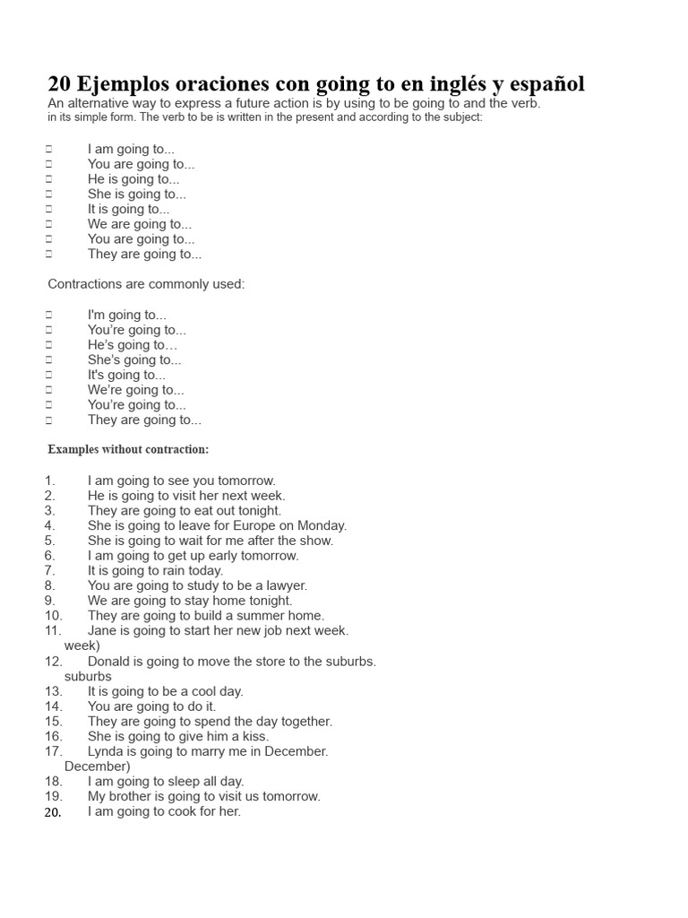 20 Examples of Sentences With Going To in English and Spanish | PDF