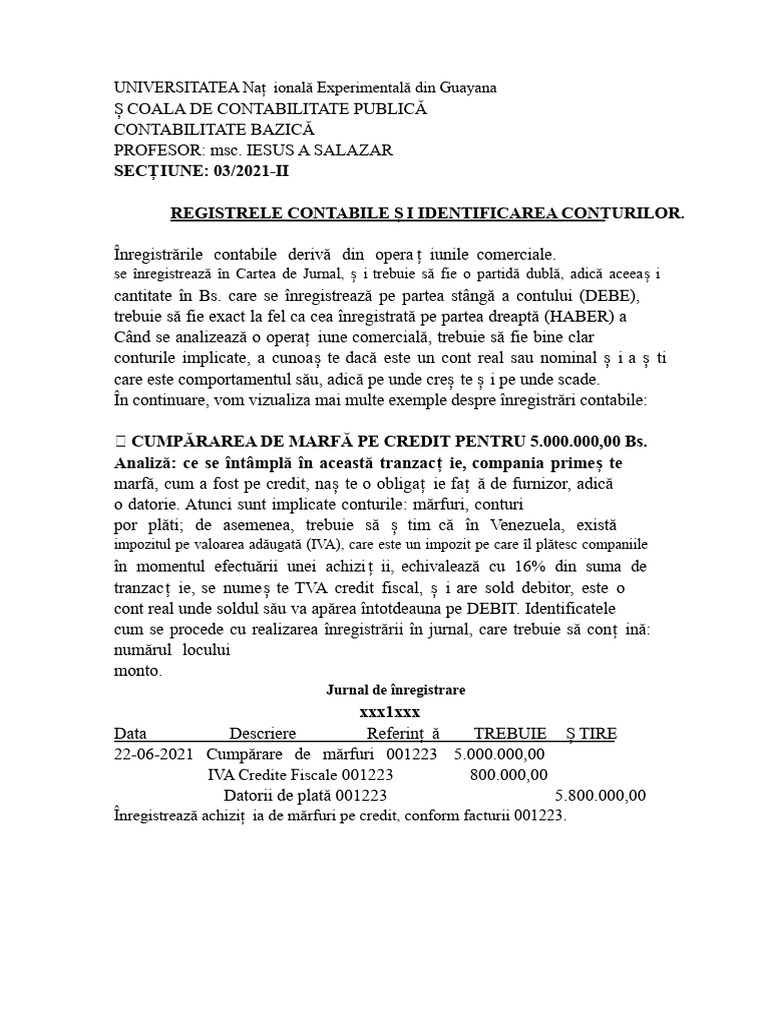 Contabilitate Inițială Exemple ÎNREGISTRARE ÎN JURNAL | PDF