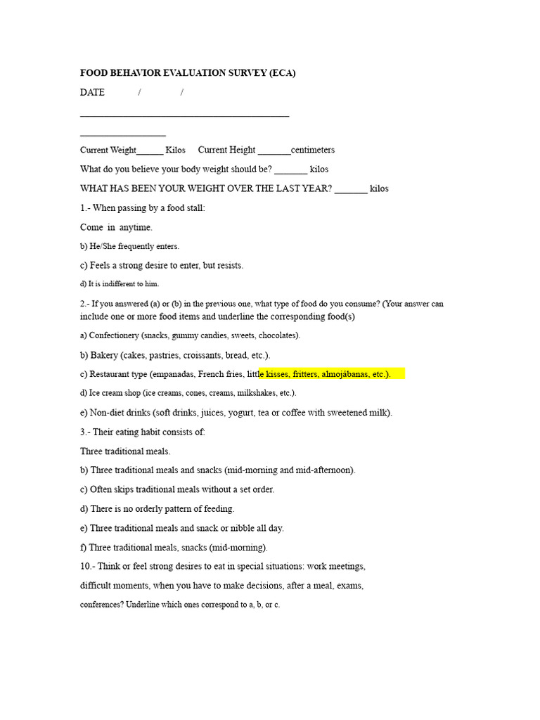 Food Behavior Assessment (ECA) | PDF | Meal | Menstruation