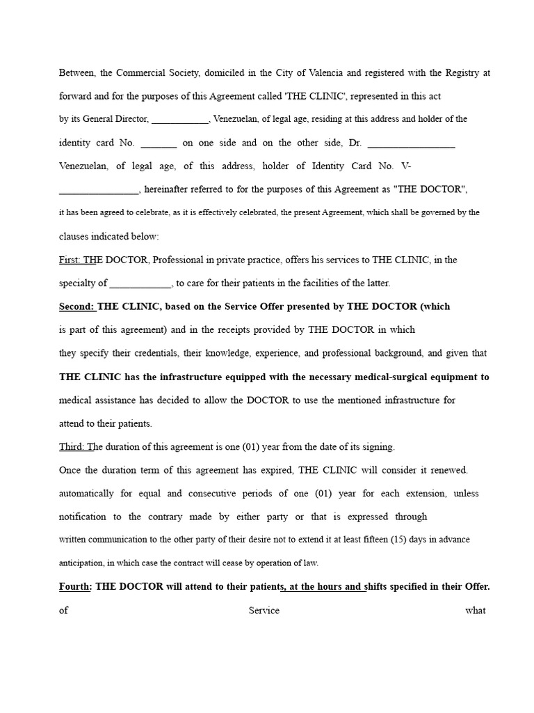 Doctor-Clinic Service Agreement Template | PDF | Common Law | Private Law