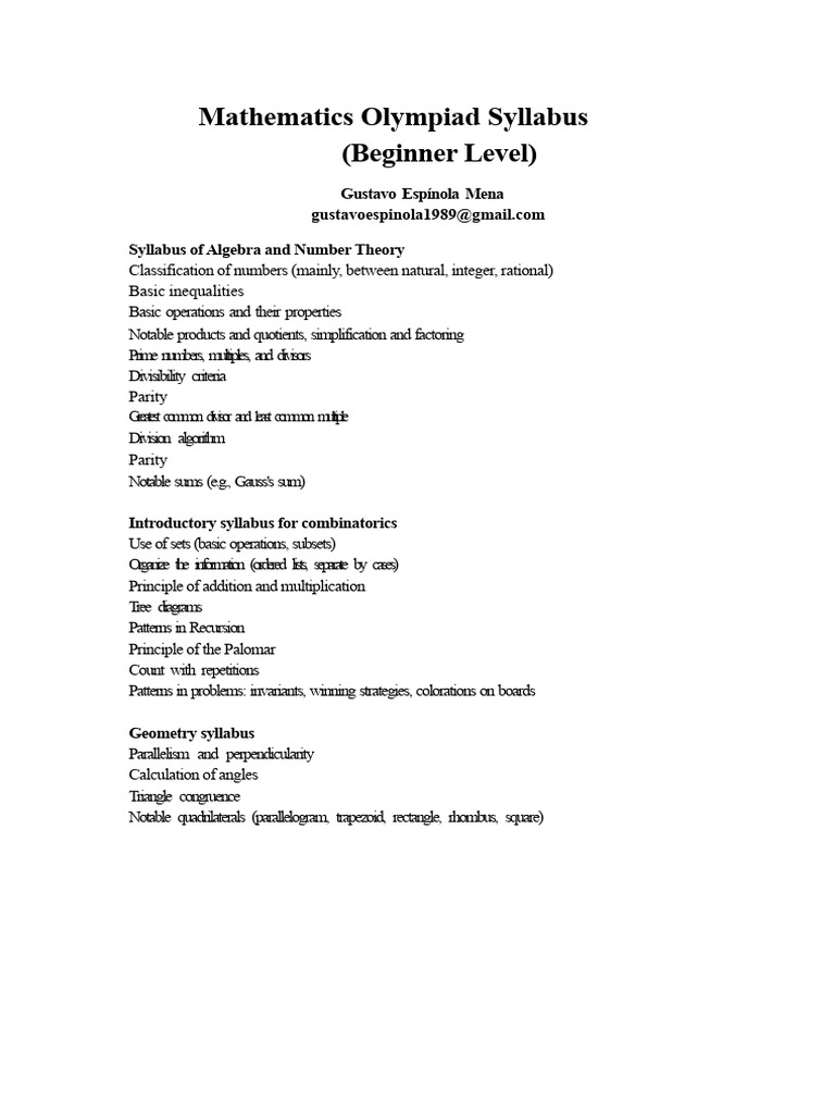Class 2 Math Olympiad Syllabus | PDF