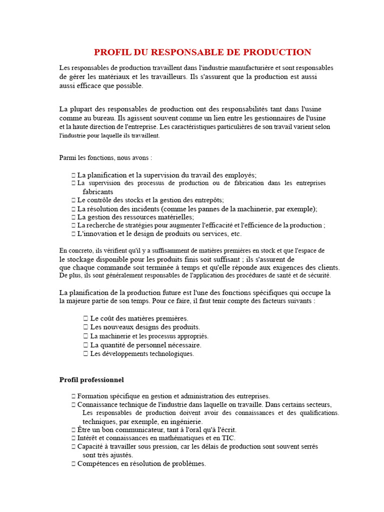 Profil du Responsable de Production | PDF | Connaissances | Économie