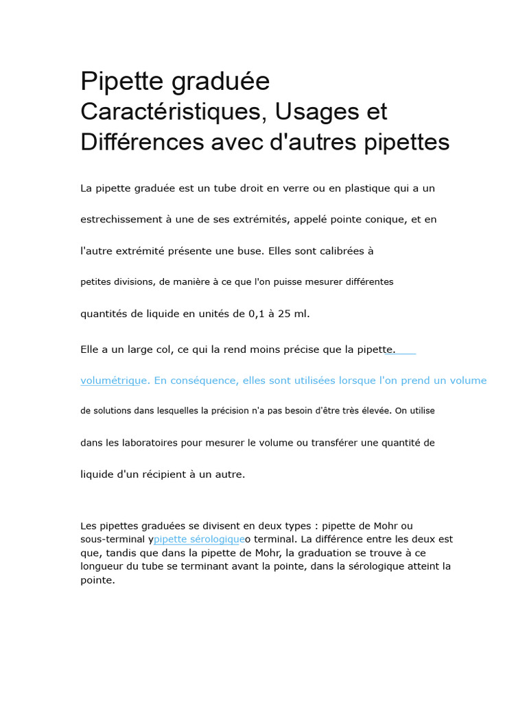 Caractéristiques de la pipette graduée | PDF