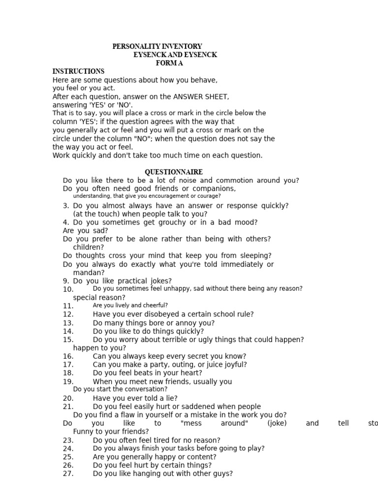 Eysenck Personality Inventory Form A | PDF | Extraversion And ...